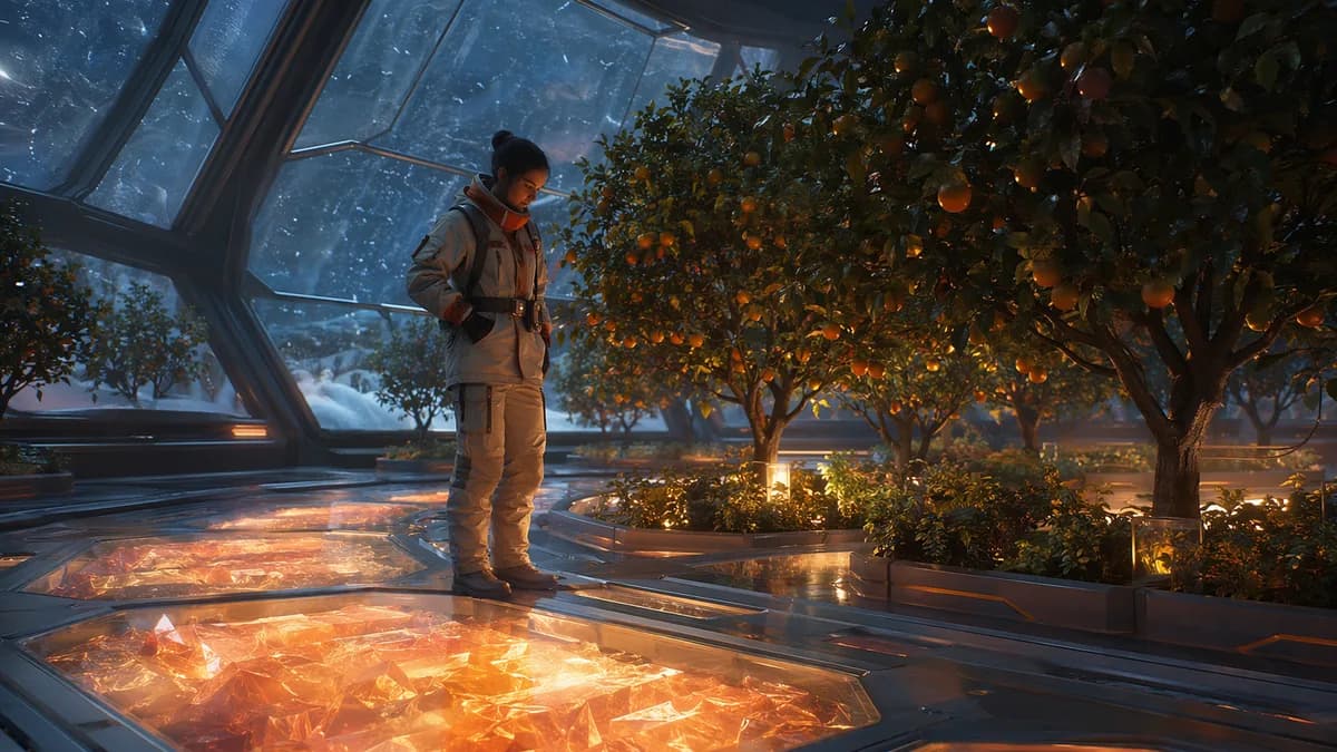 Medium scene inside a futuristic greenhouse at night, a practical engineer woman in insulated work clothes standing beside orange trees and translucent heat-storage crystal panels embedded in the floor, soft golden warmth rising while snow presses against