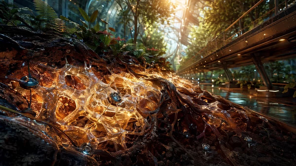 Detail concept image of a translucent porous crystal foam lattice under a greenhouse path, glowing with stored summer heat like amber trapped in ice, roots curling safely around it, tiny sensors and condensation droplets visible, elegant scientific wonder