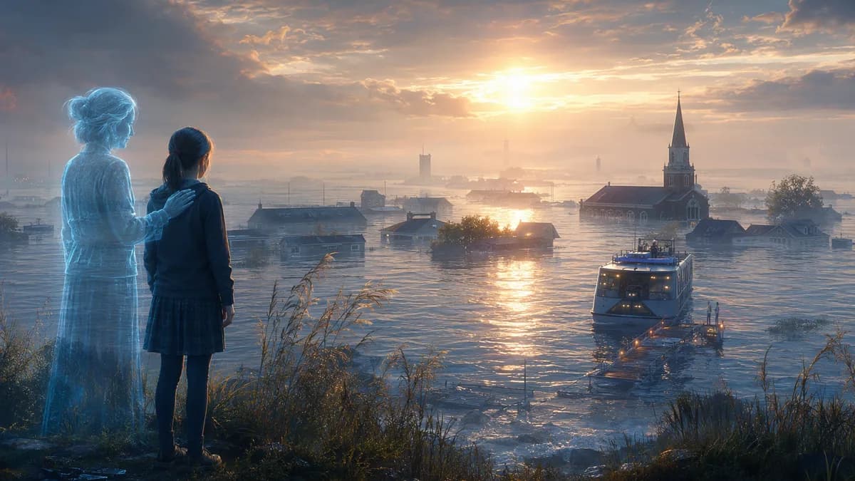 Wide establishing shot of a partially submerged Chesapeake Bay island at dawn, rooftops and church steeple emerging from silver floodwater, a small ferry approaching a temporary dock, a translucent elderly woman projected beside a teenage girl on the shor