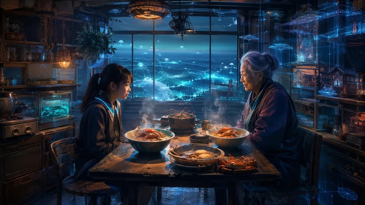 Medium scene inside a simulated old coastal kitchen blended with subtle holographic architecture, a teenage girl sitting across from her uploaded grandmother at a worn wooden table, bowls of crab soup steaming between them, outside the window an impossibl