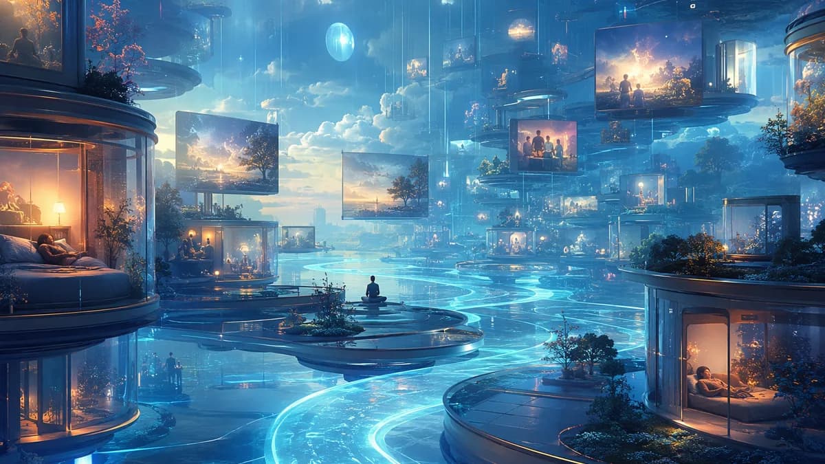 Detail concept image of a community digital afterlife represented as floating rooms, memory fragments, tide charts, family photographs without readable markings, and luminous pathways shaped like waterways, with sleeping human silhouettes behind transluce