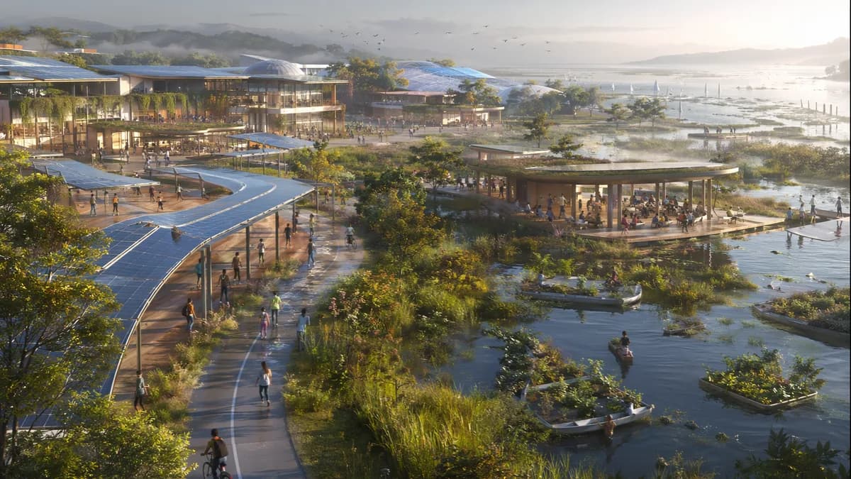 Wide establishing shot of a repurposed coastal middle school in 2050, half its old playground transformed into wetlands and floating gardens, solar canopies over bike paths, children and adults moving through open-air learning pavilions, soft morning haze