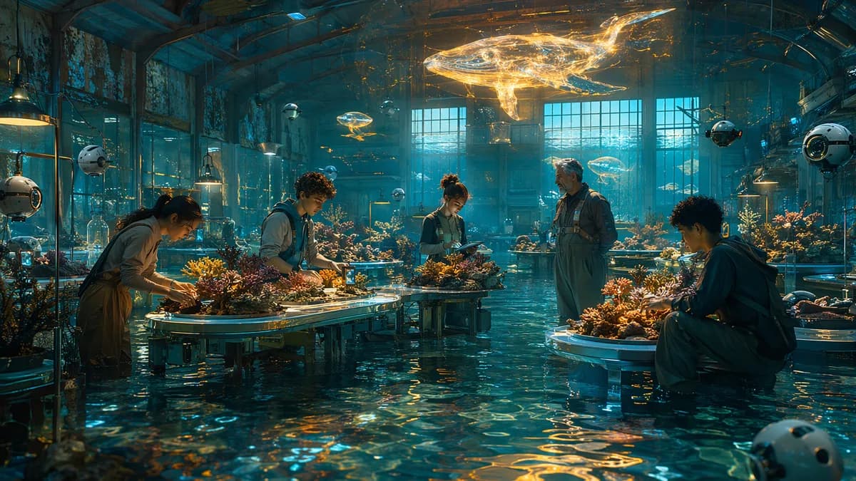 Medium scene inside a former gymnasium converted into a tidal laboratory, shallow seawater reflecting ceiling lights, teenagers studying reef modules with a calm older custodian-mentor and a subtle holographic AI presence shown as warm ambient light, prac