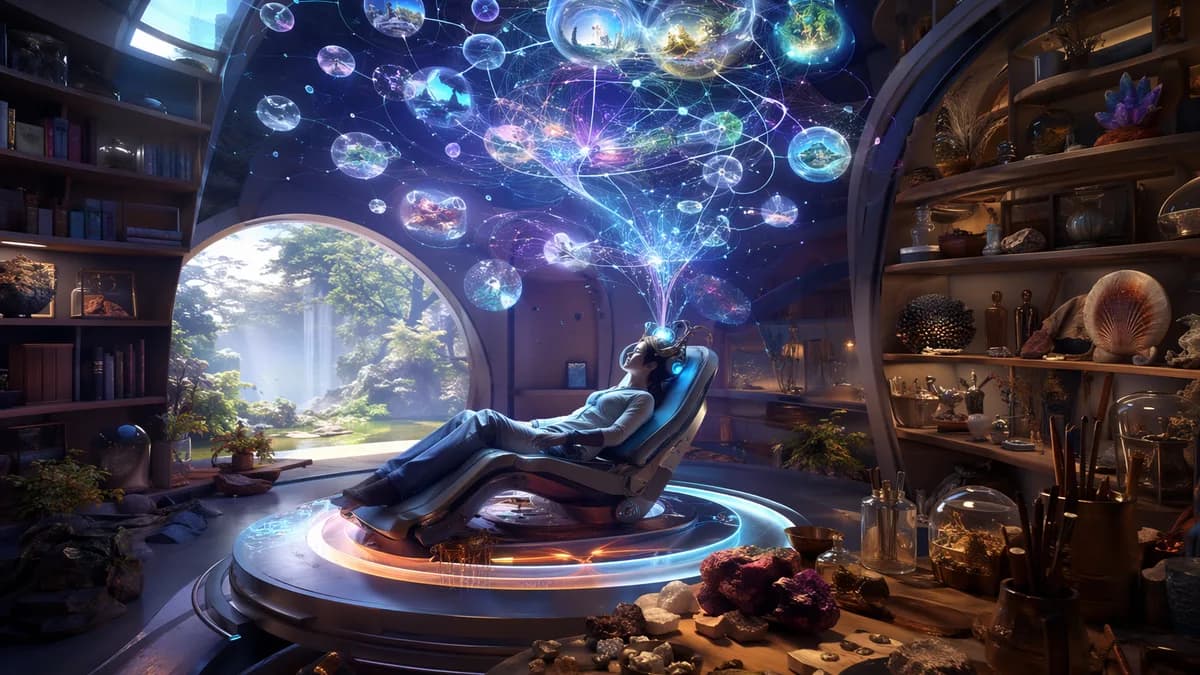 Detail/concept image of a neural learning transfer station integrated into a cozy community library alcove, translucent memory-map visuals hovering like constellations above a reclining chair, shelves of physical objects, shells, gears, soil samples, and