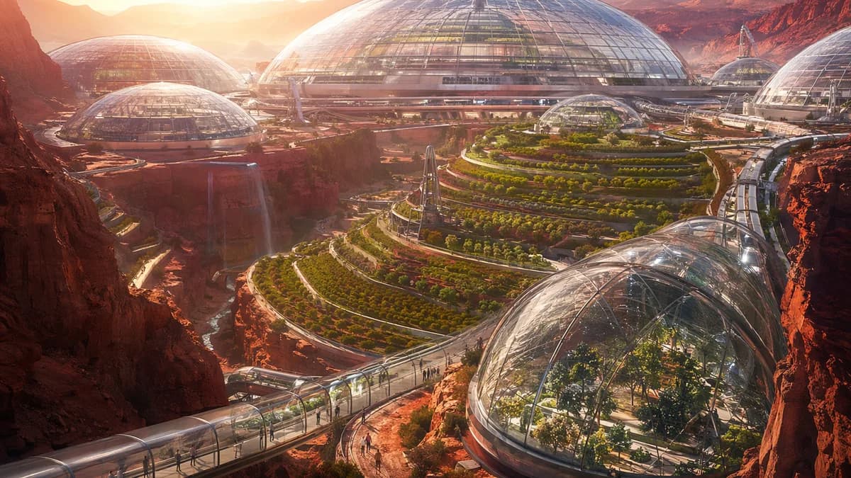 Wide establishing shot of a Martian canyon city under interconnected glass domes, terraced orchards glowing green against red cliffs, small figures walking along pressurized paths, distant dust haze and pale sunrise, digital art, cinematic lighting, futur