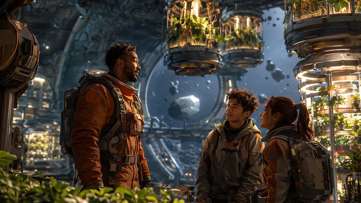 Medium scene inside a Ceres asteroid habitat: a Martian arborist in a practical pressure suit conversing with young asteroid miners beside suspended root modules and rotating hydroponic racks, low gravity objects drifting gently, warm work lights against