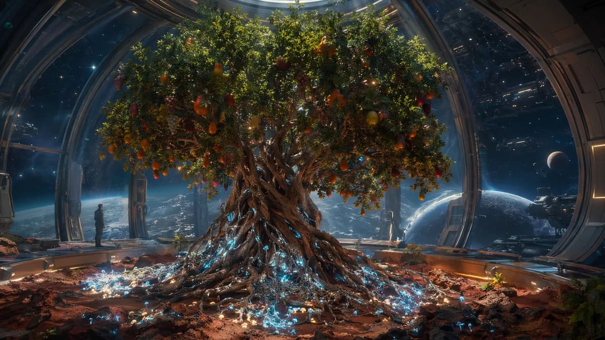 Detail/concept image of a hybrid fruit tree growing in a transparent habitat chamber aboard a generation ship, braided roots threaded with luminous fungal networks, Mars-red soil mixed with dark asteroid regolith, stars and ship structure visible beyond c