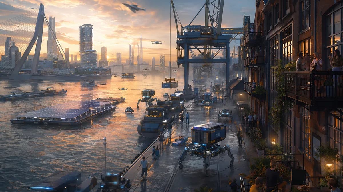 Wide establishing shot of a near-future Rotterdam harbor at dawn, autonomous cranes, soft-legged cargo robots, solar barges, and human apartments built into old warehouses overlooking the water, a few residents gathering on balconies with coffee and music