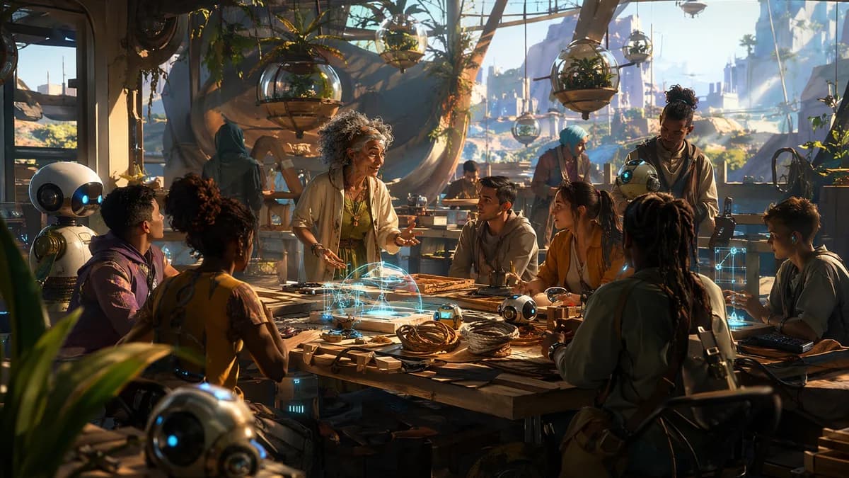 Medium scene inside a community workshop called by implication only, diverse group of adults and teenagers around a large table of reclaimed wood, rope, sensor beads, and small friendly maintenance robots projecting subtle construction guides as an older