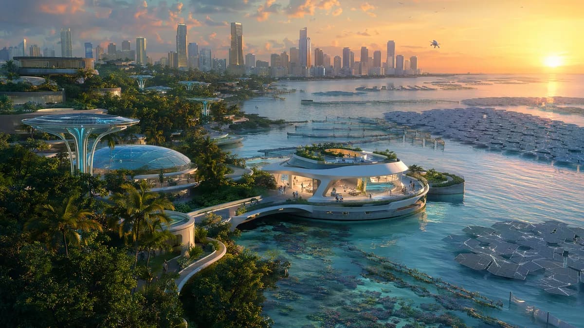 Wide establishing shot of 2074 coastal Miami at sunrise, elevated neighborhoods woven through dense restored mangrove forests, floating public longevity clinic integrated into a seawall, quiet water reflecting solar canopies and bioengineered reef barrier