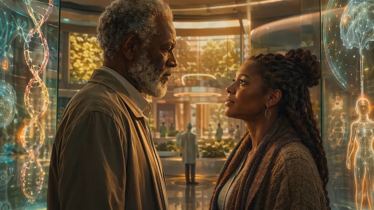 Medium scene inside a public biotech clinic with an elderly Afro-Caribbean man and his adult daughter facing each other beside translucent medical displays showing abstract glowing gene patterns and neural interface halos, warm amber light, intimate emoti