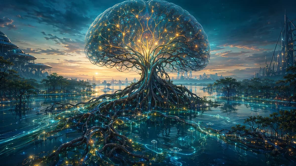 Detail/concept image of a human neural interface visualized as a luminous brain-shaped canopy merging with mangrove roots, tiny bioluminescent signals flowing between neurons and water channels, symbolic but grounded, deep teal and gold palette, contempla