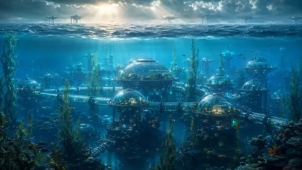 Wide establishing shot of an underwater city suspended beneath a sunlit but stormy Indian Ocean, transparent domes connected by glowing transit tubes, kelp forests swaying around reef foundations, faint silhouettes of cloud-control platforms on the surfac