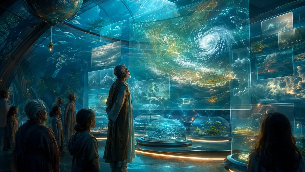 Medium scene inside a public climate archive in an underwater dome, a thoughtful middle-aged archivist standing before floating holographic monsoon maps and preserved recordings of vanished seasons, children and elders watching quietly, blue-green ocean l