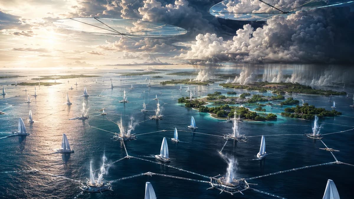 Detail concept scene of a weather-control lattice at the ocean surface: autonomous sail drones, mist towers, reflective cloud mirrors, and rain-bearing clouds forming over distant reclaimed mangrove islands, seen from a high oblique angle with both sea an
