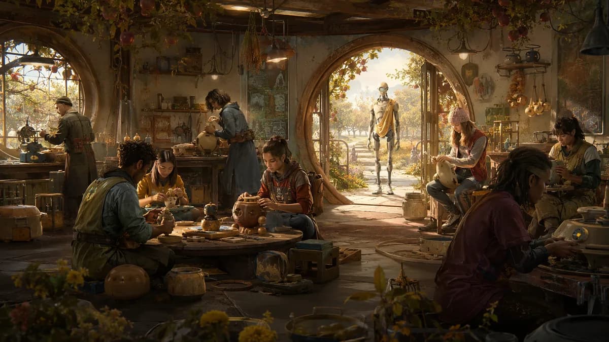 Medium scene inside a weathered orchard workshop where diverse adults and teenagers shape odd handmade objects from wood, ceramic, fabric, and recycled components while a slender municipal robot observes respectfully from the doorway, warm afternoon light