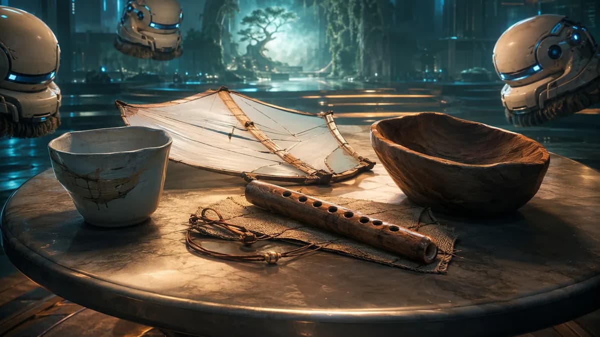 Detail/concept image of a table displaying beautifully imperfect human-made artifacts: an asymmetrical ceramic cup, a fog kite, a lopsided wooden bowl, a small wind instrument, with soft robotic cleaning drones waiting in the background and deliberately n