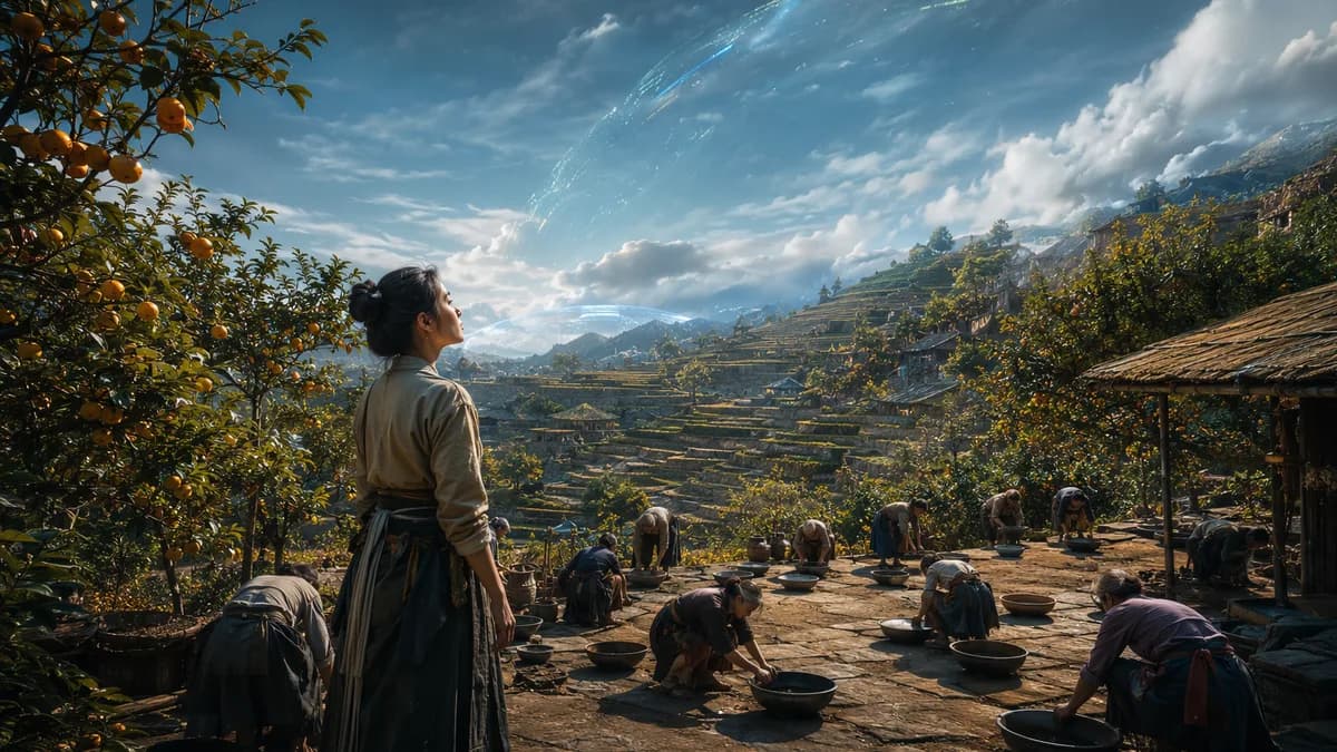 Medium scene inside a full-immersion simulated mountain village orchard just before impossible rain, a woman in simple field clothes standing among villagers who are placing bowls under a clear sky, terraced hills, fruit trees, woven roofs, subtle shimmer