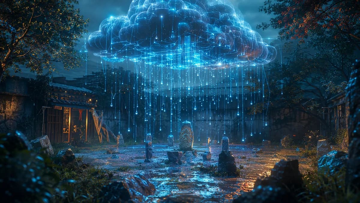 Detail/concept image of a translucent rain cloud forming from luminous data threads above a small muddy courtyard, stone markers arranged like a ritual map, droplets suspended between natural water and glowing code, poetic and intimate mood, digital art,