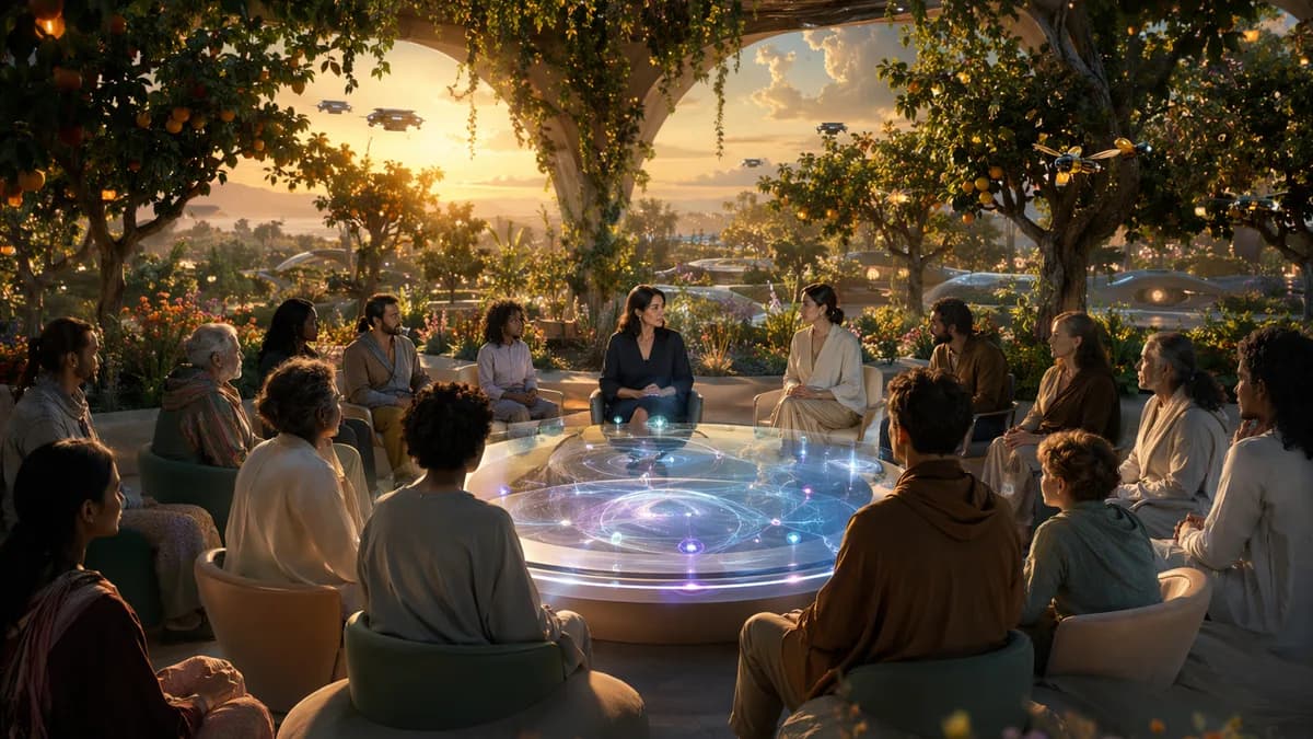 Medium scene inside an open-air governance circle beneath a mature agroforestry canopy, Mina Sayegh seated with citizens of different ages around a translucent civic interface showing abstract light patterns only, fruit trees and pollinator drones in the