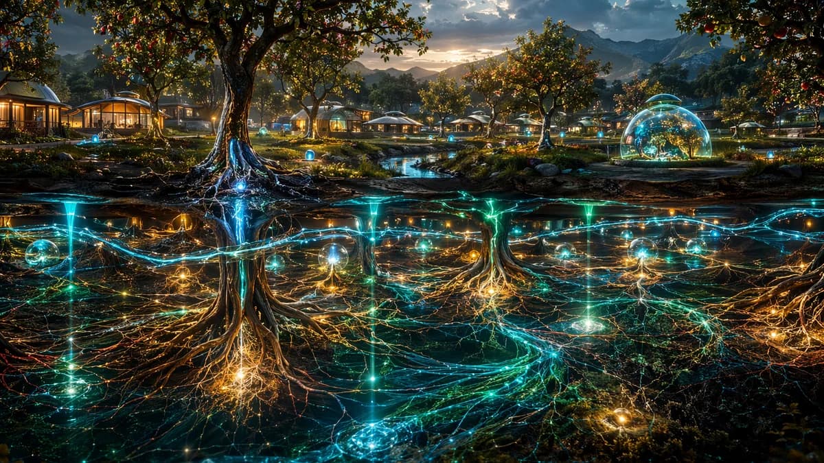 Detail/concept image of an autonomous orchard treasury represented visually as glowing root networks beneath soil connecting trees, water channels, sensor nodes, and small community structures above ground, luminous ecological data flowing like sap, seren