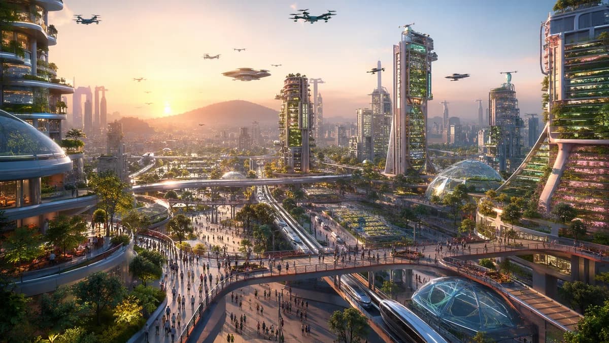 Wide establishing shot of Nairobi in 2060 at dawn, layered autonomous transit lanes weaving between tall residential towers filled with glowing vertical farms, rooftop gardens, drone corridors, shaded pedestrian bridges, and distant hills, warm sunrise ha