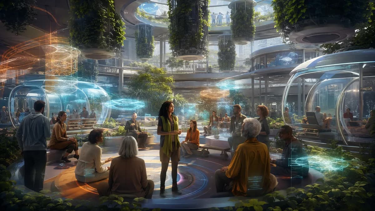 Medium scene inside a community deliberation atrium beneath a tower farm, Amara standing among neighbors of different ages as translucent civic interface lights hover abstractly around them, autonomous pods visible through glass walls, hanging basil and k