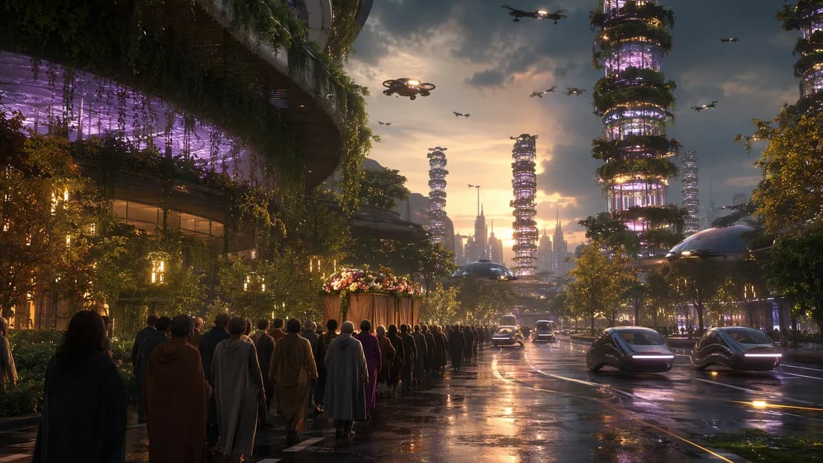 Detail concept scene of a temporary quiet lane during a walking funeral, autonomous vehicles gently rerouting in graceful arcs, farm tower grow-lights dimmed like lanterns, pedestrians walking together under green terraces, drones paused high overhead, se