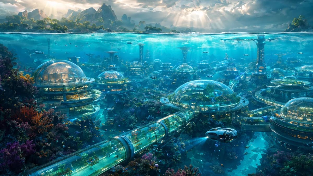 Wide establishing shot of an underwater city suspended beneath a tropical ocean surface, transparent domes and tubular avenues woven through living coral reefs, algae farms glowing teal, sunlight shafts filtering down from stormy clouds above the waterlin