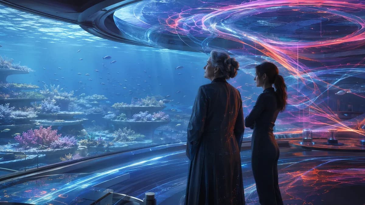 Medium scene inside a submerged weather-control observatory, an older storm engineer and her adult daughter standing beside a curved glass wall overlooking pale coral nurseries and drifting fish, holographic weather currents represented as abstract colore