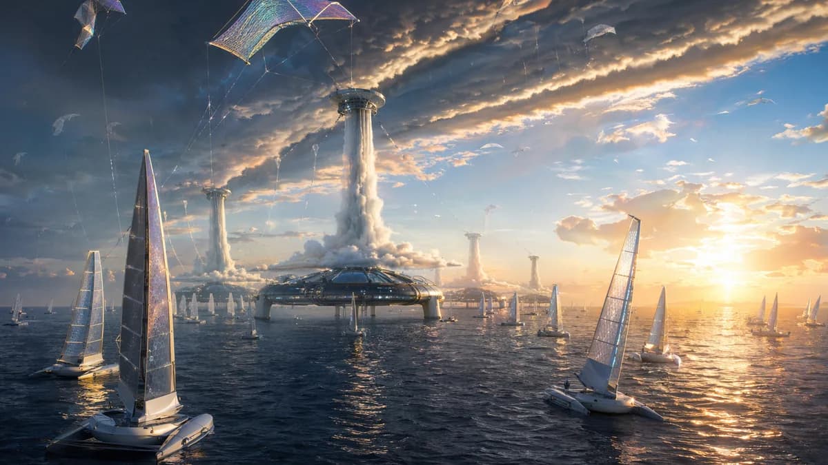 Detail concept image of autonomous sail drones and high-altitude salt kites above a darkened ocean, mist towers rising from floating platforms as engineered cloud bands split toward two distant horizons, elegant climate infrastructure integrated with sea