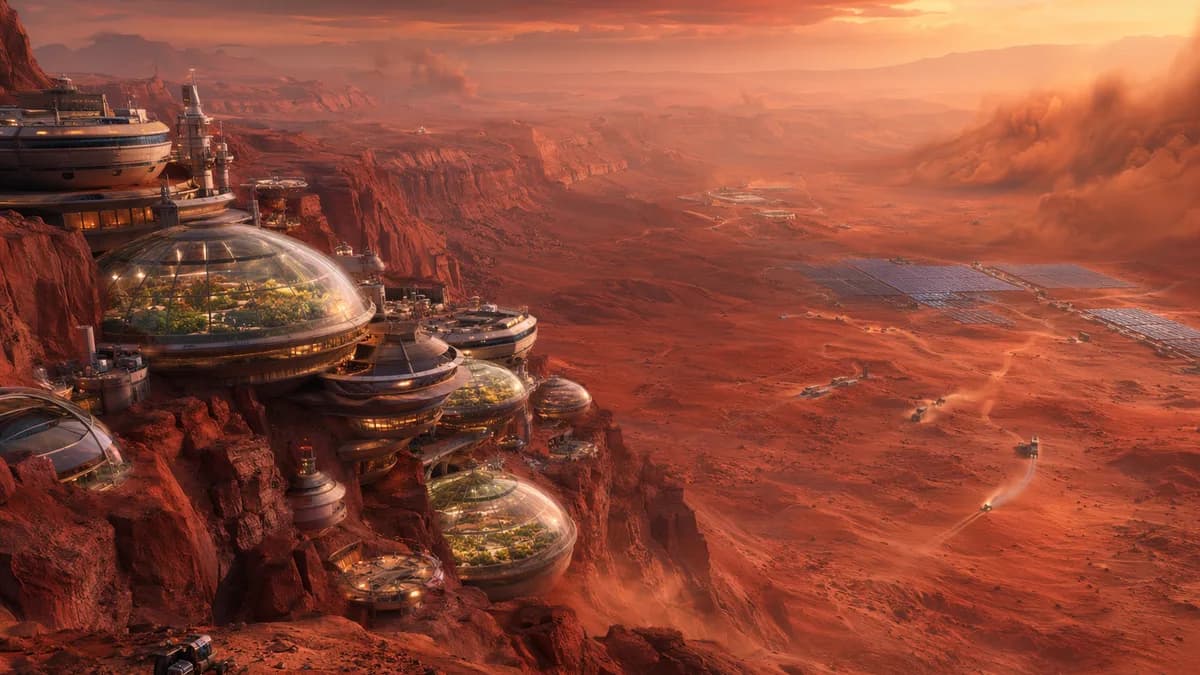 Wide establishing shot of Mars in 2089: a terraced colony built into the cliffs of Valles Marineris, transparent greenhouse canopies glowing with warm plant light, dust storms curling beyond protective fields, tiny rover trails leading toward distant sola