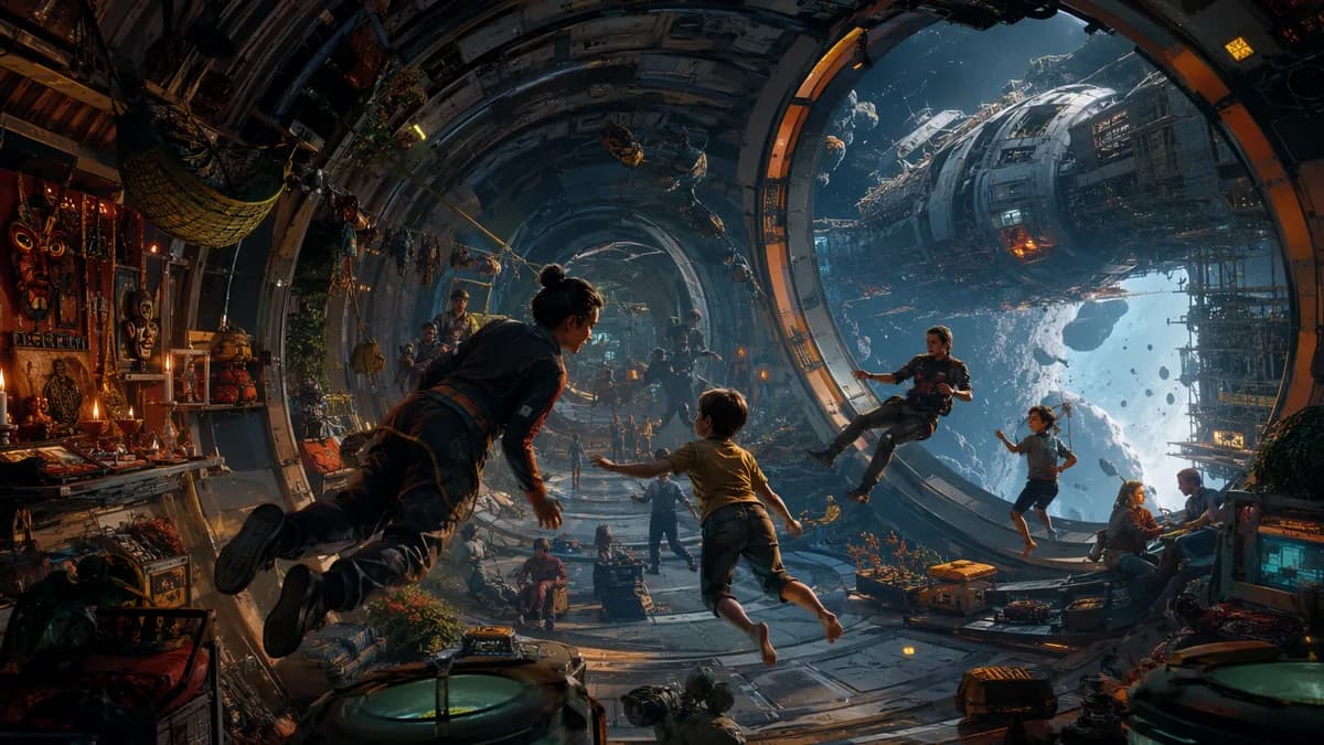 Medium scene inside an asteroid mining habitat: workers and families floating through a cylindrical chamber lined with patched metal, algae tanks, tool shrines, tethered cargo nets, and a panoramic window showing the half-built generation ship outside, di