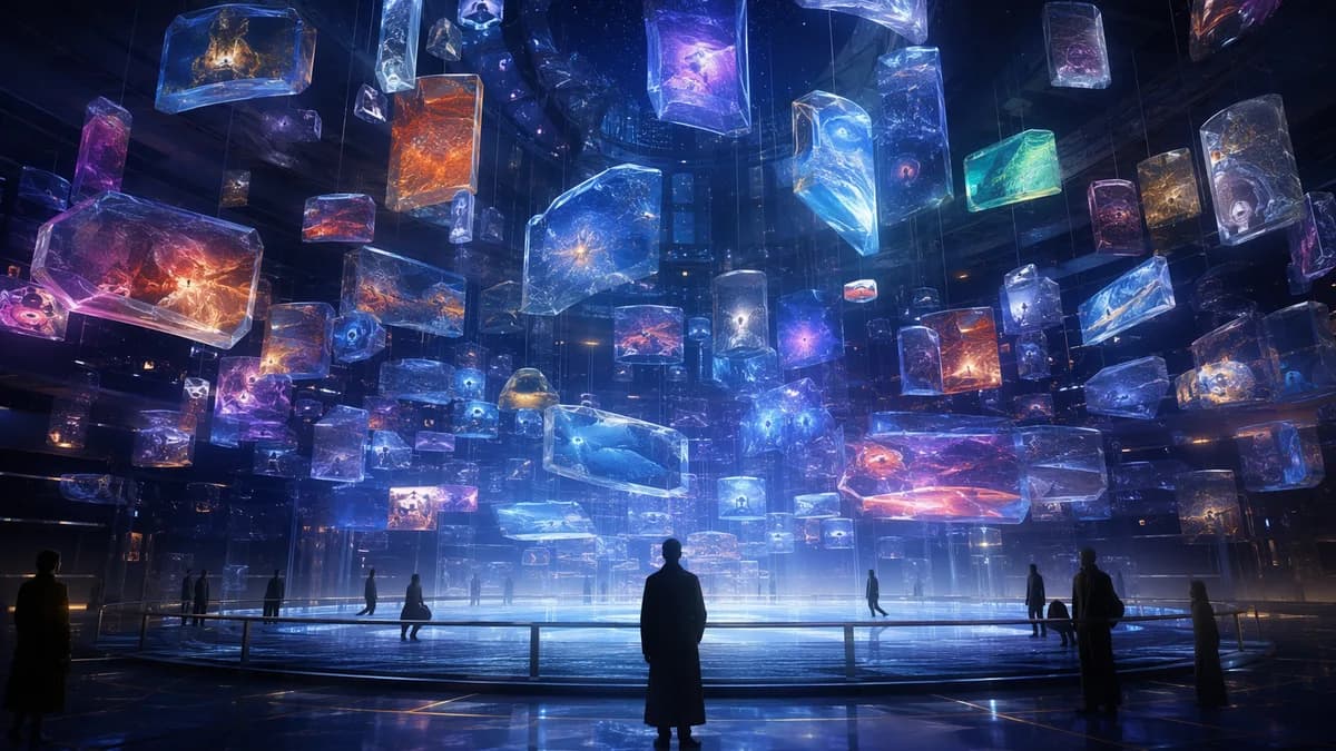 Detail/concept image of the living memory archive: translucent crystal tiles suspended in a zero-gravity chamber like a constellation, each tile glowing with abstract colors representing songs, recipes, weather, grief rituals, and repair instructions, sil
