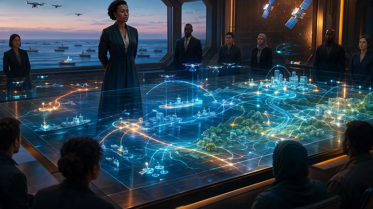 Medium scene inside a neutral ceasefire operations room overlooking the ocean, Lina Okonkwo standing before a translucent 3D conflict map showing drones, cargo ships, satellites, water flows, and civilian infrastructure as luminous threads, diverse analys