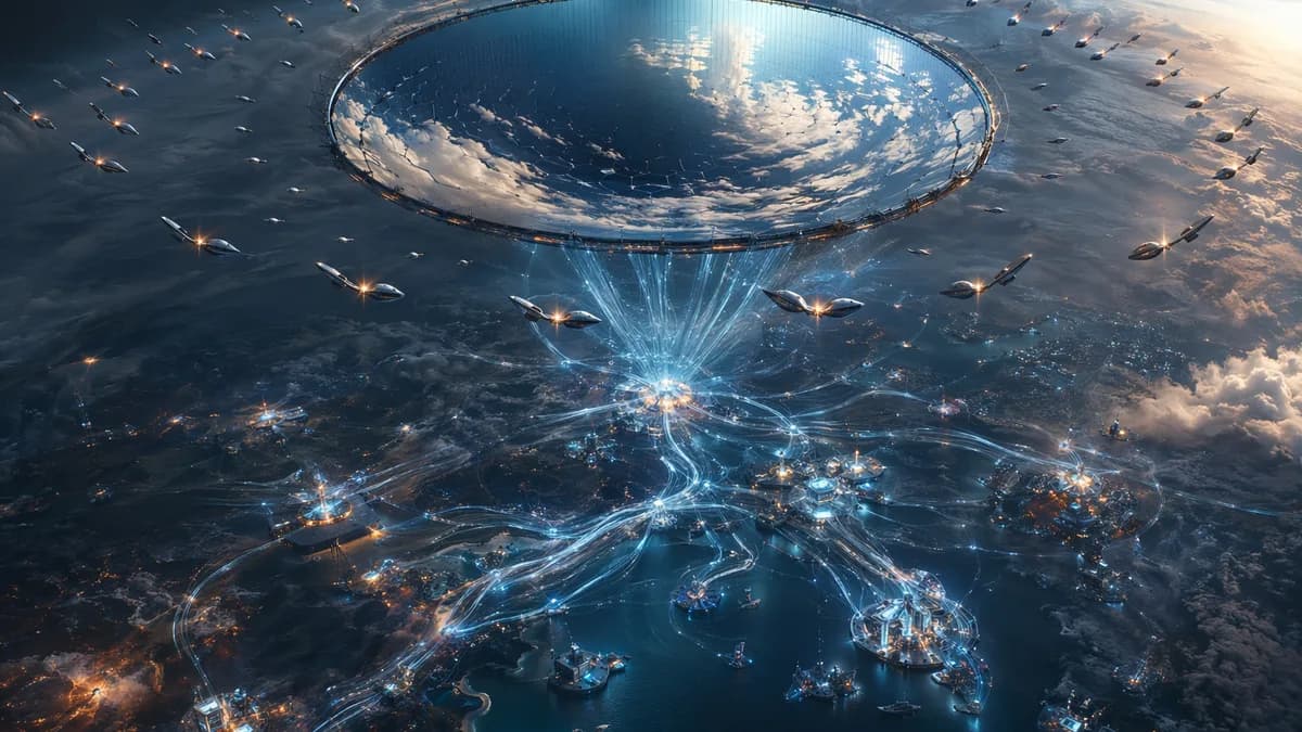 Detail/concept image of an orbital defense constellation above Earth: small elegant interceptor drones arranged like seeds around a weather mirror, below them a cyber-visualization of tangled light streams connecting ports, clinics, and desalination plant