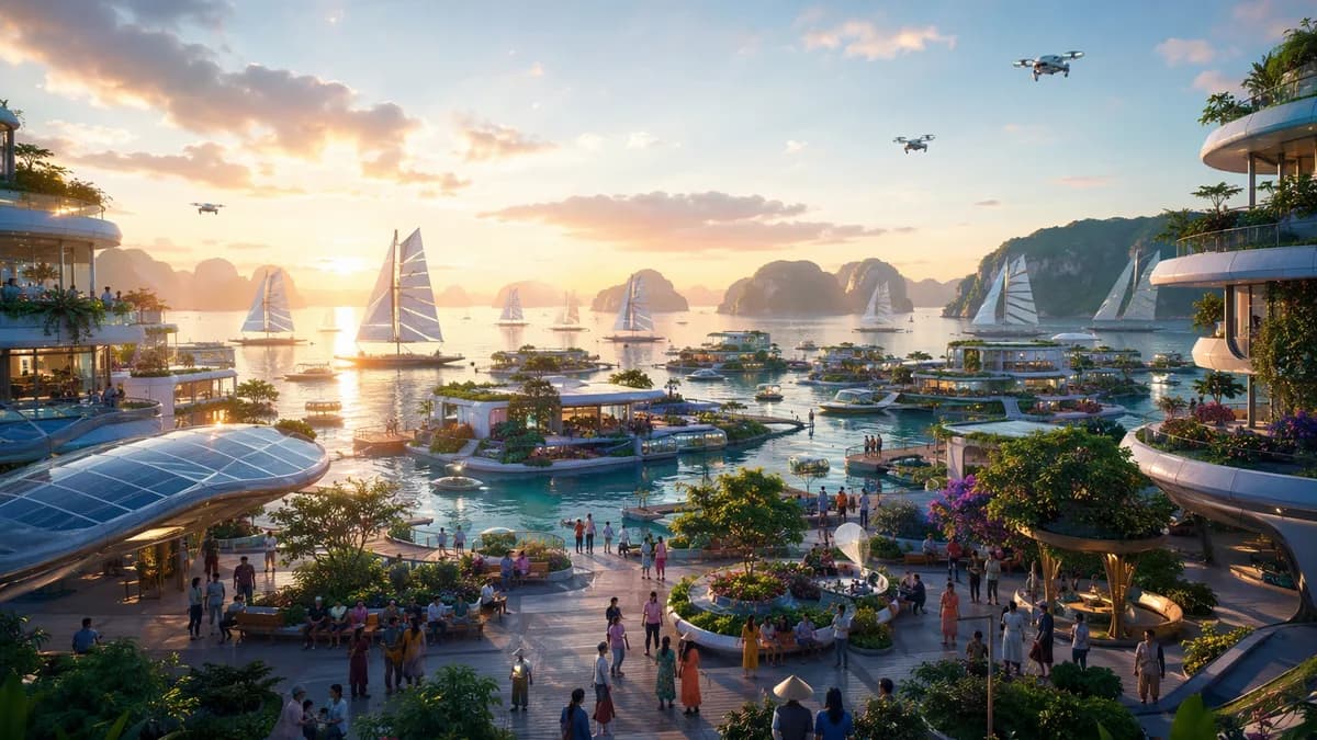 Wide establishing shot of a floating cooperative city at dawn near the coast of Vietnam, modular homes on calm water, vertical gardens, quiet drone ferries, solar sails on the horizon, diverse residents gathering in open courtyards, hopeful atmosphere, di