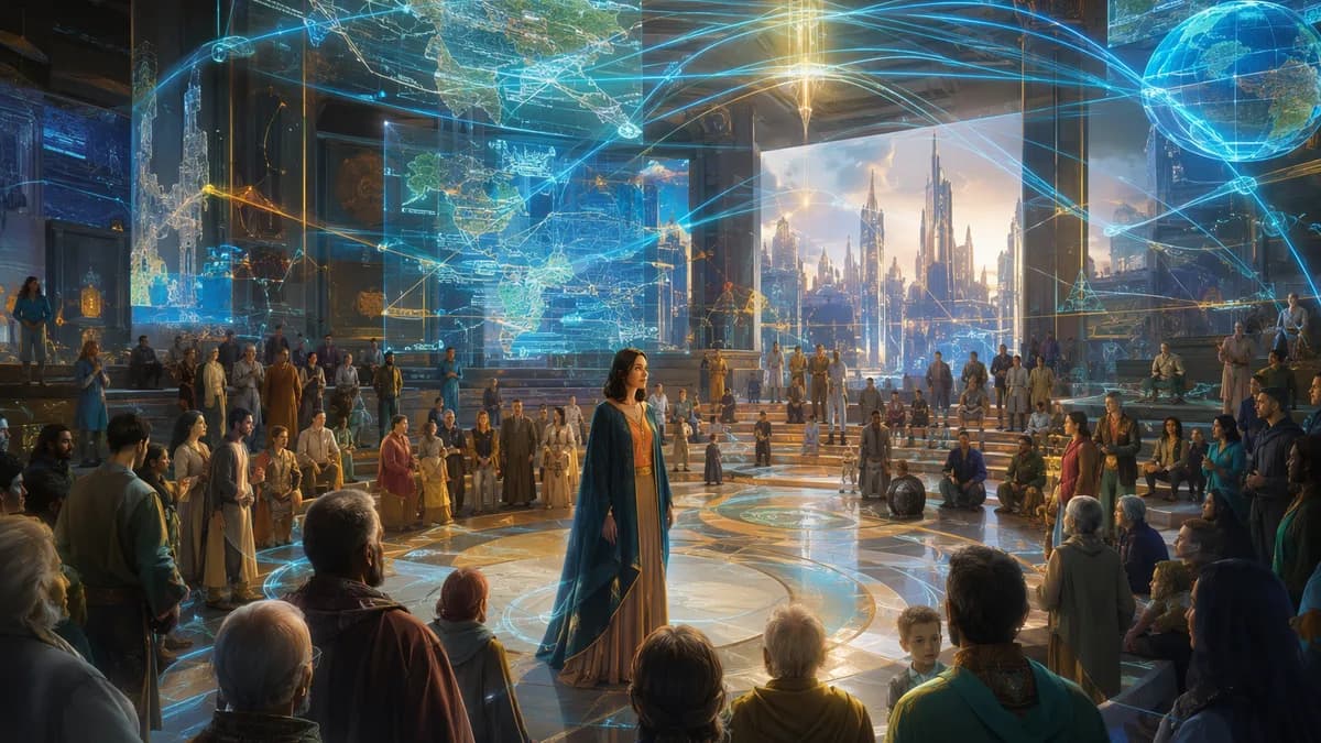 Medium scene inside a public treasury hall that blends physical architecture with translucent augmented civic maps, Lina Mar standing among citizens of many ages as holographic governance flows arc above them, warm human expressions, democratic assembly m