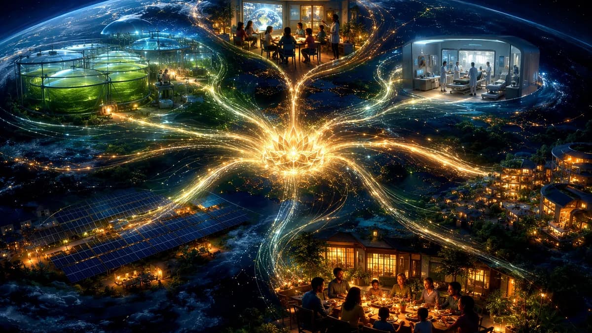 Detail/concept image of a glowing decentralized treasury represented as streams of light connecting algae gardens, solar arrays, clinics, classrooms, and family dinner tables across a dark globe, symbolic but grounded, luminous network patterns, optimisti