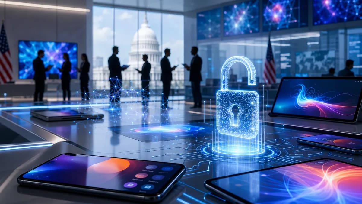 Modern government tech office with smartphones and an open access hologram, symbolizing restored app access.