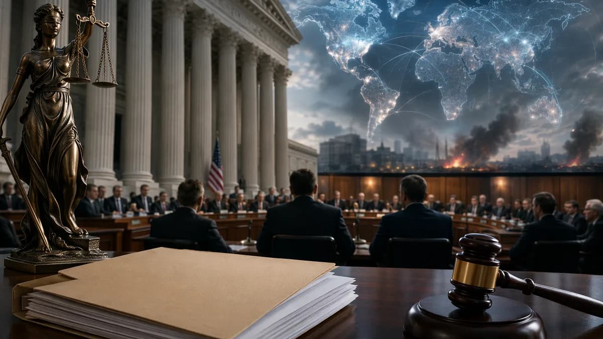Editorial image of justice scales, Senate hearing room, and global map connections.