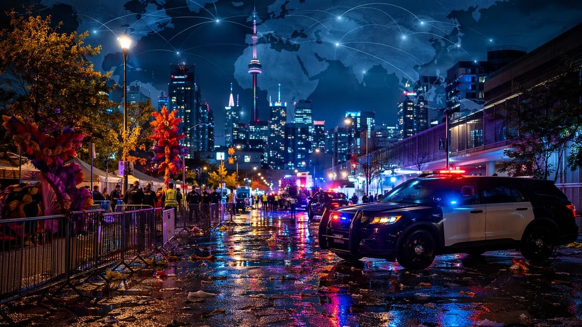 Toronto street festival scene at night with police lights, cordon, and subtle global map overlay