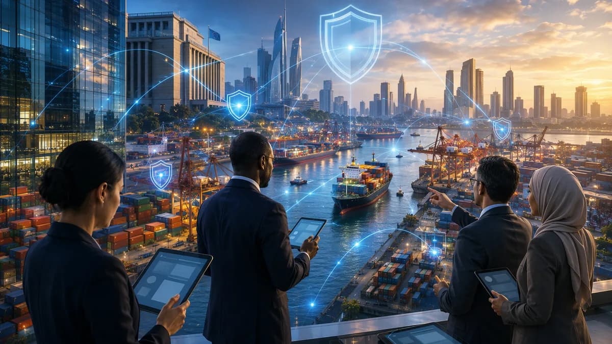 Global trade finance platform linking banks, cargo ports, and frontier market cities with secure digital networks.