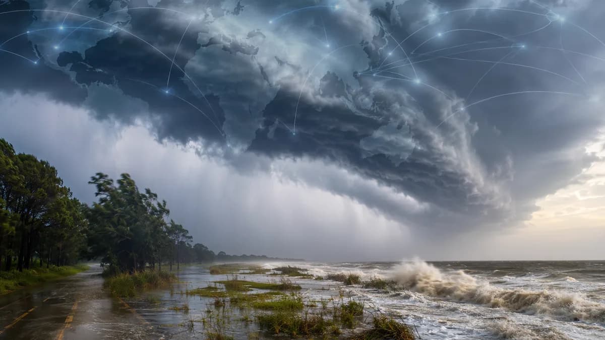 Tropical storm clouds, flooding and rough surf along the Gulf Coast as Bertha moves toward Texas.