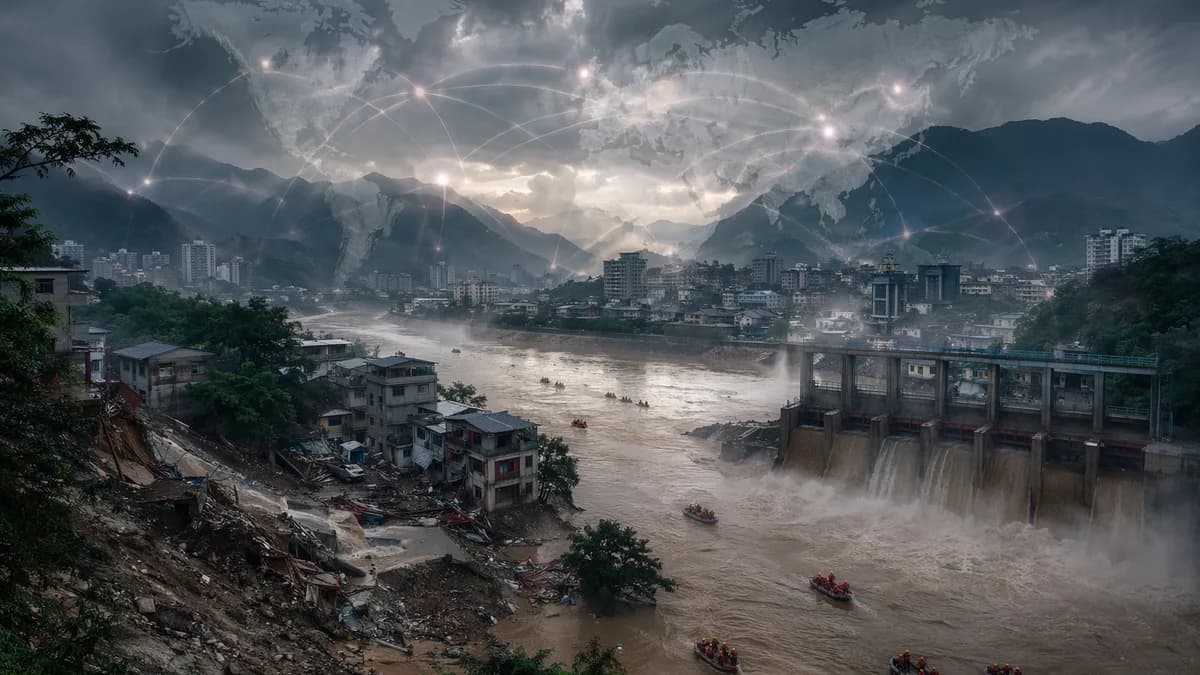 Flooded southern China after tropical storm, with rescue boats, damaged dam, and global map overlay.