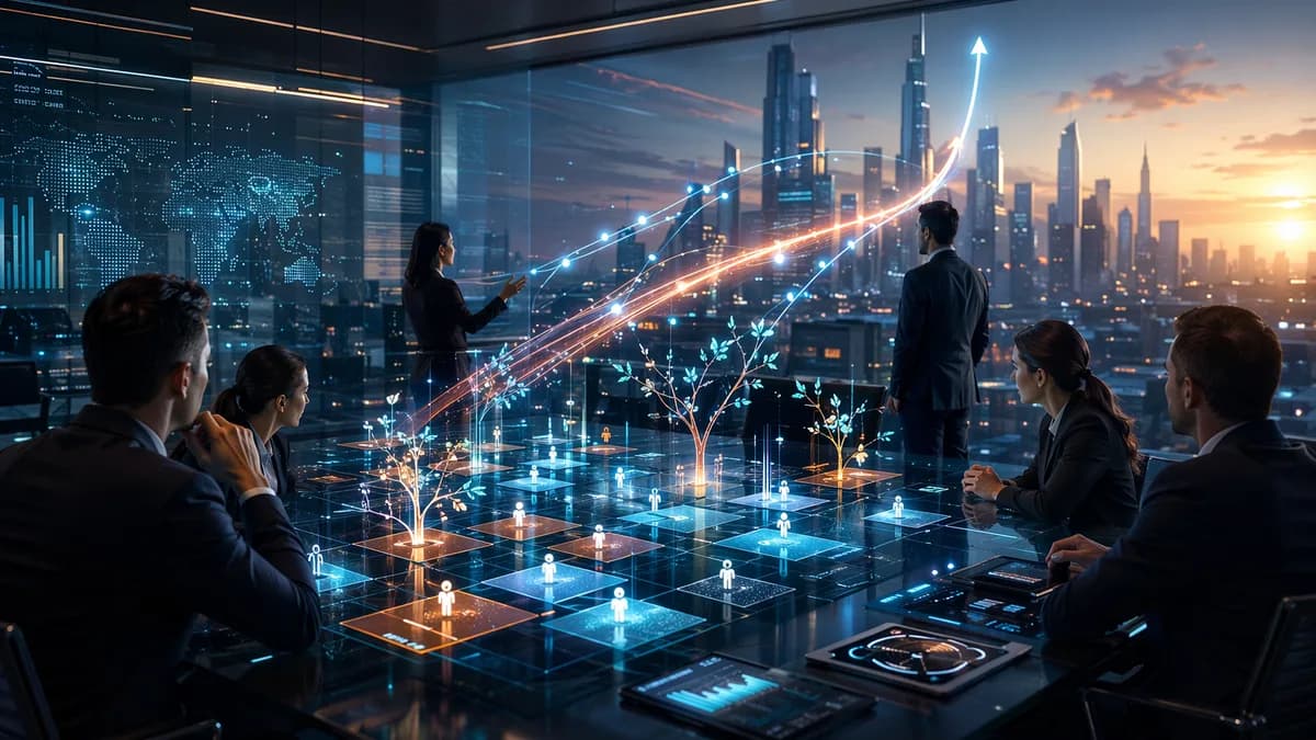 Banking executives prune a digital loan portfolio in a modern fintech strategy room.