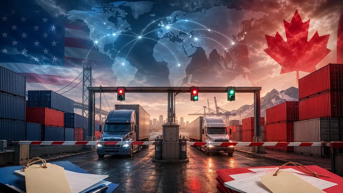 US-Canada tariff dispute shown through halted trade, border barriers, and global map connections.