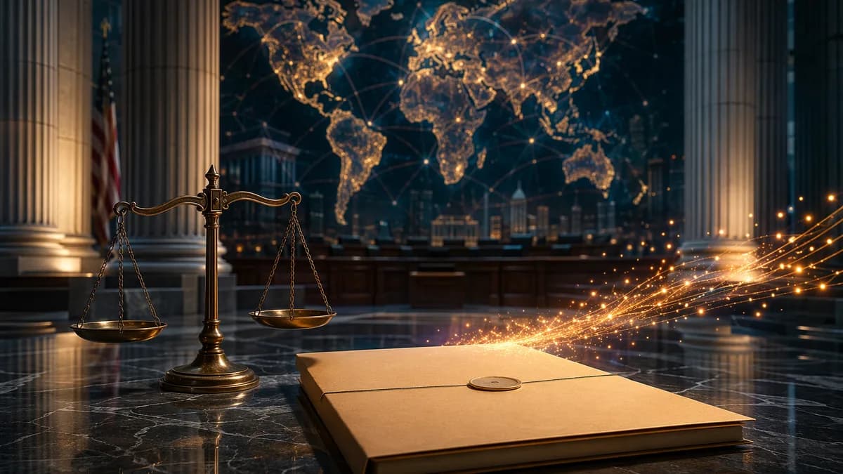 Symbolic courthouse scene with scales, digital payment particles, and a global map backdrop.