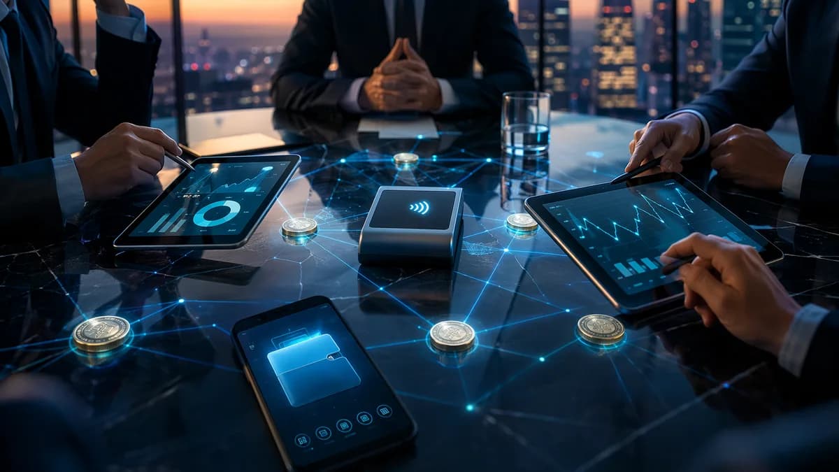 Anonymous fintech deal scene with payment devices, crypto tokens, and blockchain visuals in a modern boardroom.