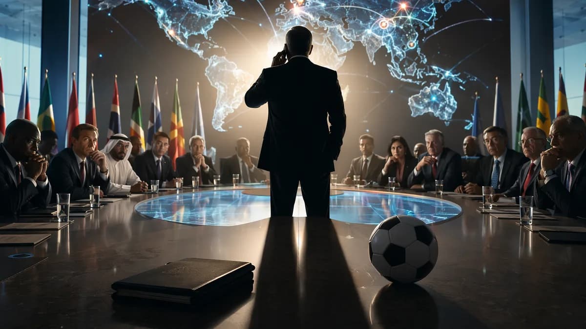 Global football governance crisis with leader silhouette, world map, delegates, and rising international backlash.